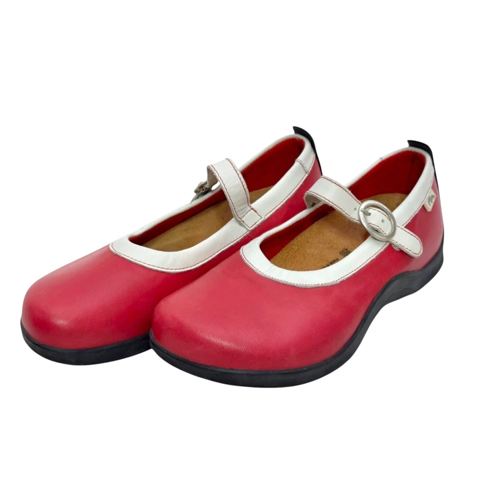 Footprints by Birkenstock Mary Janes Leather Shoes Size 36 US 5-5.5 Red White - Image 1 of 4