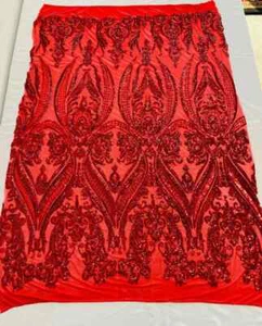 Damask Fabric - Red - Embroidered Design on Lace Mesh Fabric Yard - Picture 1 of 4