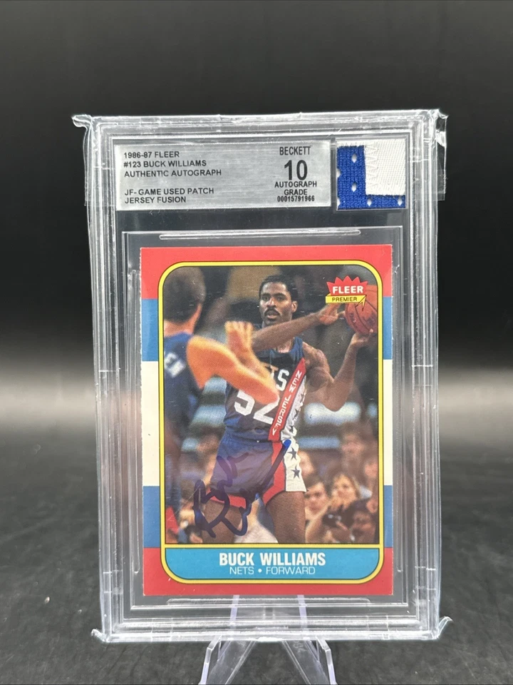Camiseta deportiva Fleer Basketball Buck Williams #123 1986-87 juego fusión usada BGS 10 AUTO Foto 1 de 2