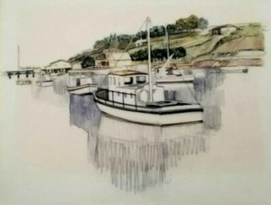 Pintura de acuarela original de colección firmada por Cooper barcos de doble capa orilla del río - Imagen 1 de 8