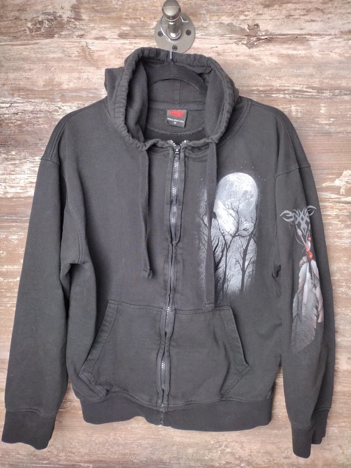 Spiral Direct Hoodie Med Black Fade Wolf Fangs Werewolf Native Feathers Goth - Image 1 of 4
