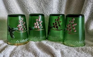 RARE Northwood EAPG (4) Enameled Grape n Leaf Green Glass Tumblers Gold Trim - Picture 1 of 11