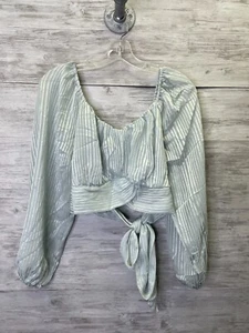 Japna Top Womens L Green Striped Cropped Waist Tie Boho Long Sleeve Lightweight - Picture 1 of 6