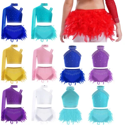 UK Kids Girls Dance 2Piece Rhinestones Crop Tops and Feather Skirts Set Costume - Image 1 of 4