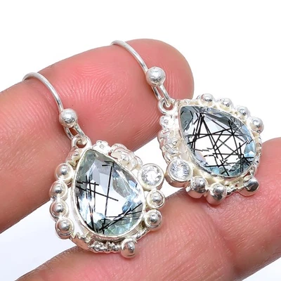 Salt Paper Rutilated Quartz 925 Sterling Silver Earring 1.22" - Image 1 of 4