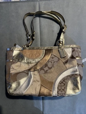 COACH Y2K Vintage Mosaic Tote Handbag Metallic Gold Patchwork F14004 - Image 1 of 4