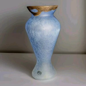 Large Vase Hand Made In Romania Frosty Blue Glass & Brass Accents Romblast VTG - Picture 1 of 22