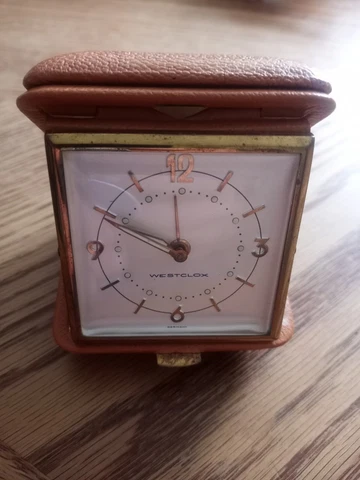 VINTAGE Westclox travel clock red leather case. Made In Germany Cover