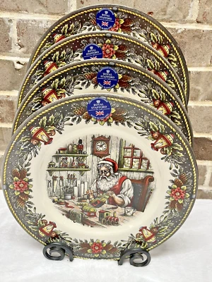 Royal Stafford Santa Toy Workshop Christmas Dinner Plates 4 Pc SET New Beautiful