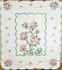 NICELY QUILTED Vintage 30's Flowering Tree Applique Antique Quilt ~RARE DESIGN!