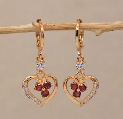 New 18K Yellow Gold Filled Heart w/ Red & Clear CZ Accents Dangle Drop Earrings - Image 1 of 4
