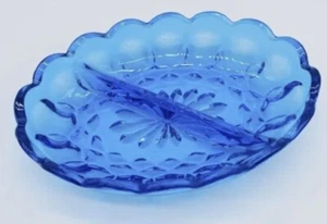 Vintage Anchor Hocking Fairfield Scalloped Blue Oval Divided Relish Candy Dish - Picture 1 of 5