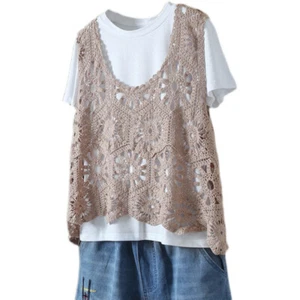 Lady Knitted Crochet Vest Tank Top Hollow-out Sleeveless Ethnic Loose Casual - Picture 1 of 11