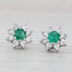 1ctw Esmeralda Diamante Halo Pendientes de Presión con Flor 14k Oro Blanco - Imagen 1 de 7