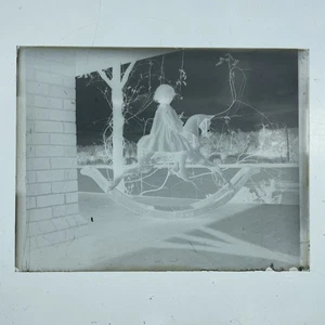 ANTIQUE 1900s Imperial Glass Plate Photograph Christmas Girl Rocking Horse Toy A - Imagen 1 de 3