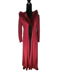 Vtg 70s Maroon Marabou Trim Hooded Robe Maxi Disco Robe Women's Size 5 S/M - Picture 1 of 8