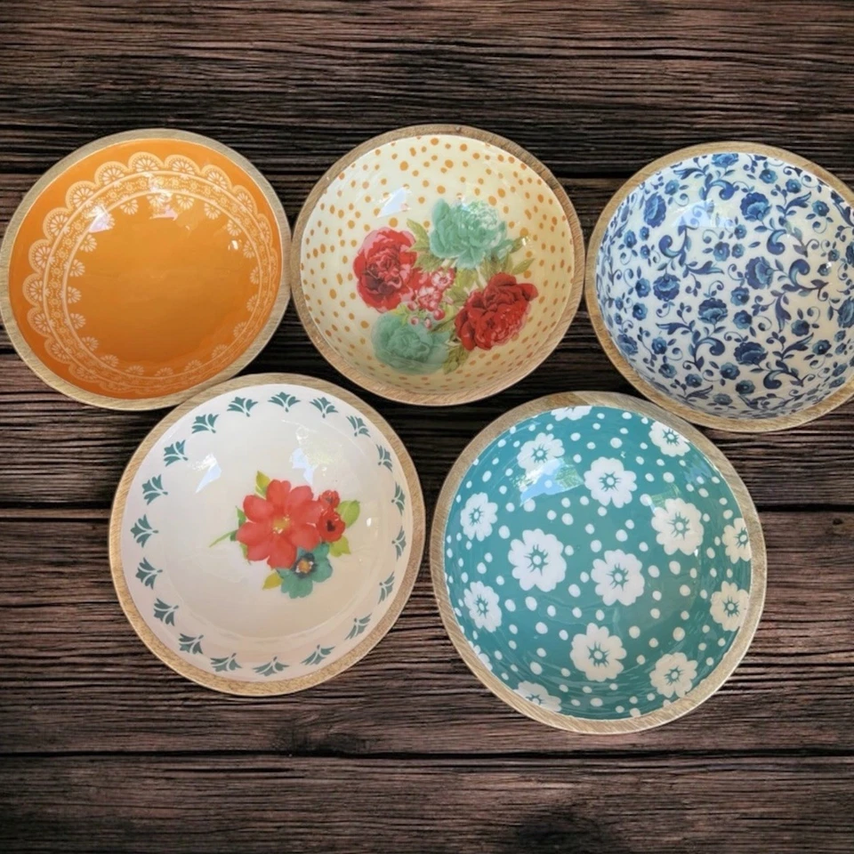 The Pioneer Woman Mango Wood Floral Salad Bowls 7" India 2019 Set Of 5 RETIRED - Image 1 of 4