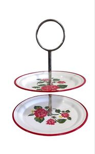 Metal Red and White Tidbit Tray 2- Tier Cupcake Stand Floral Design Kitchen Deco
