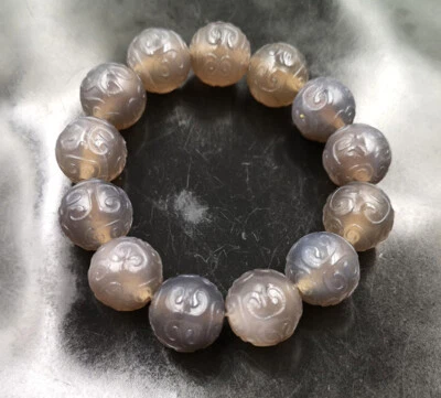 Brazalete Brazalete Elástico Genuino Gris Calcedonia Ágata Talla Flor Masaje Cuentas Foto 1 de 4