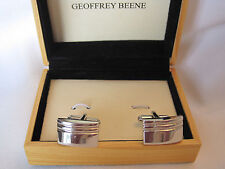 Geoffrey Beene Grooved Silver-Tone Cufflinks in Wood Box