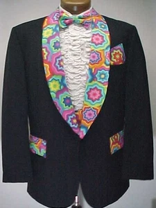 BLACK TIE DYE STARBURST HIPPIE PRINT VINTAGE TUXEDO SMOKING JACKET sizes 34 - 42 - Picture 1 of 1