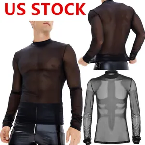Men See-through Mesh Long Sleeve T Shirt Mock Neck Party Nightclub Pullover Tops - Picture 1 of 20