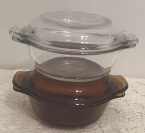 Vtg Set Anchor Hocking Fire King Clear and Amber 12oz Casserole Dish W/Lid #472 - Picture 1 of 12