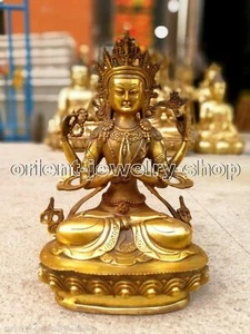 Estatua Guanyin de cuatro brazos budista de bronce antiguo budista Amitabha 8 pulgadas - Imagen 1 de 5