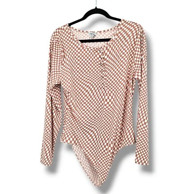 Rue21 Checkered Bodysuit Long Sleeve Casual Button Front Top Brown White XL - Image 1 of 4