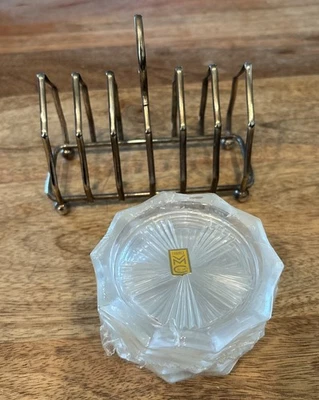 NEW Set of 6: Vintage REIMS France Etched Crystal Coaster Set Silver Metal Caddy - Image 1 of 4