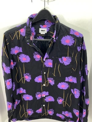 Obey Button Down Shirt Mens S Black Purple Floral Long Sleeve Pockets - Image 1 of 4