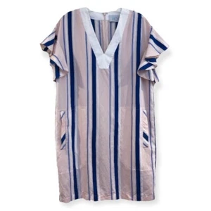 PEARL by Lela Rose Striped Ruffle Sleeve Pink Blue Designer Sheath Mini Dress S - Picture 1 of 10