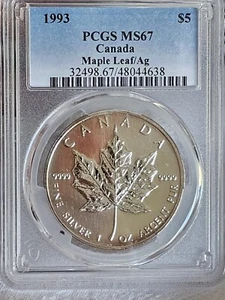 1993 1 Oz Silver Maple Leaf MS67 PCGS - Picture 1 of 3