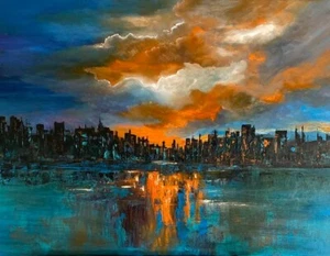 CITYSCAPE -SEMI ABSTACT 18"x24" ORIGINAL 100% HAND PAINTED LANDSCAPE CANVAS ART - Picture 1 of 3