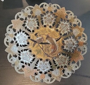 VTG Penco Brass Enamel Cut Out Pedestal Bowl Trinket Dish Phesants  Floral 9" - Picture 1 of 5