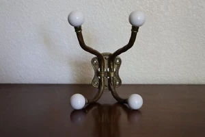 VTG BRASS Porcelain 4 Knob Double Hooks Wall Mount Towel Hanger ~6.25”H Interpur - Picture 1 of 11