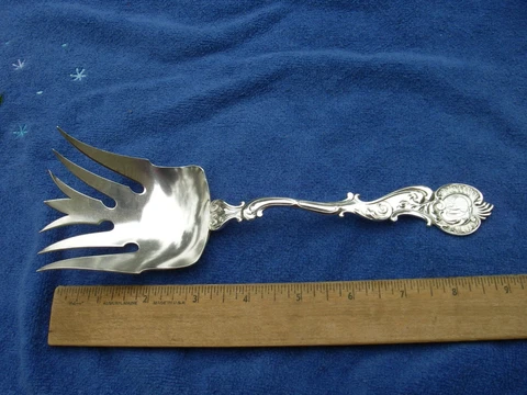 SCARCE George Shiebler Sterling ROCOCO (1888) VEGETABLE SERVING FORK-9 Inch-Mono Cover