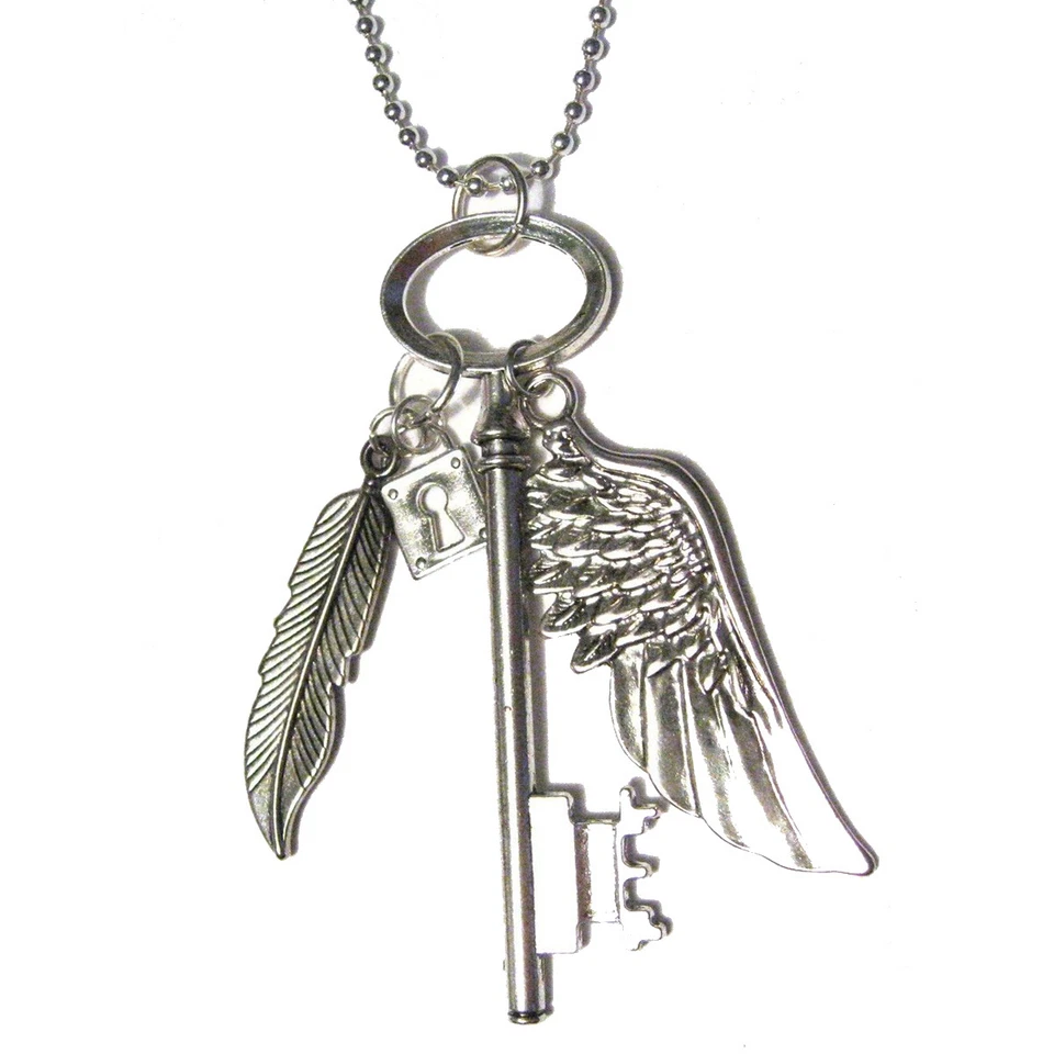 Collar Cerradura y Llave Ala de Ángel Pluma Plateado Colgante ACERO INOXIDABLE Foto 1 de 1