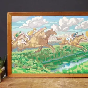 Vintage Painting By Numbers Framed Horse Racing Picture Art Equestrian Race MCM - Picture 1 of 12