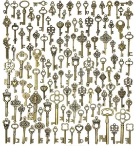 Old Vintage Antique Skeleton 125 Keys Lot Small Large Bulk Necklace Pendant NEW* - Picture 1 of 7