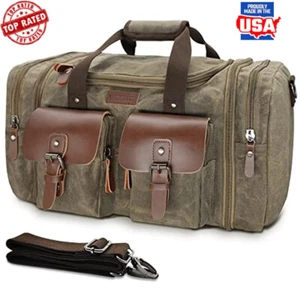Vintage Waterproof Canvas Leather Duffle Bag 50L Travel Weekender Hand Carry Bag - Picture 1 of 7