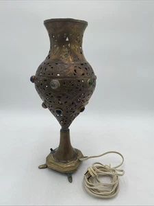 Brutalist Brass Victorian Faceted Glass Jeweled Brass Table Lamp 14" Tramp Art - Picture 1 of 9