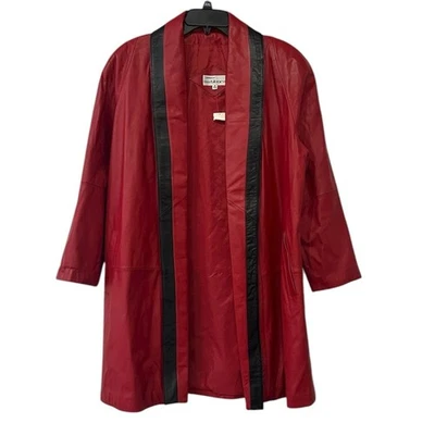 Vintage Tibor Leather Coat Trench Medium Red Black Open Front Butter Soft 1980’s - Image 1 of 4
