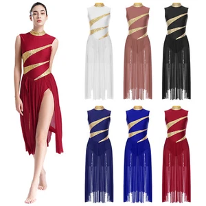 Womens Dresses Mock Neck Dancewear Stage Performance Dance Dress Fashion Shiny - Picture 1 of 66