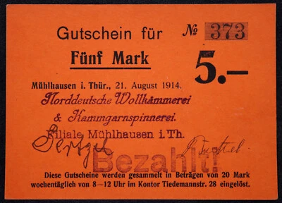 Radar Note MÜHLHAUSEN 1914 "Norddeutsche Wollkämmerei" 5 Mark WWI German Notgeld - Image 1 of 2