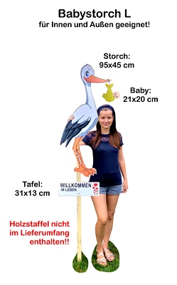 95 cm SET - Babystorch & Baby & Tafel für draußen Geburt Storch-Holz Holzstorch - Bild 1 von 3