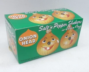 Coctelera de sal y pimienta con cabeza de cebolla Giftco de colección en bolsa de cebolla c.1981 caja de Hong Kong - Imagen 1 de 4