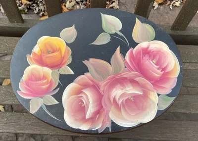 Vintage Wooden Oval Foot Stool 4 Legs 12 x 9x 9 Black W Painted Pink Roses - Image 1 of 4