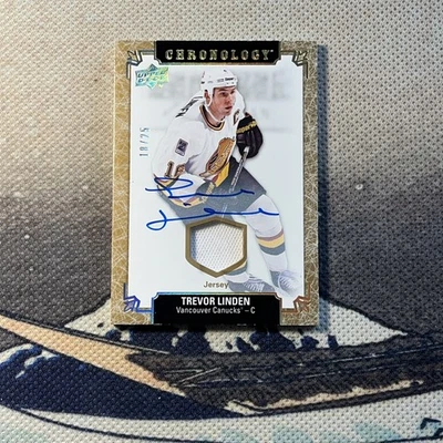 Camiseta deportiva 2018-19 Upper Deck Chronology #41 Trevor Linden Gold Premium Auto #/25 Foto 1 de 2