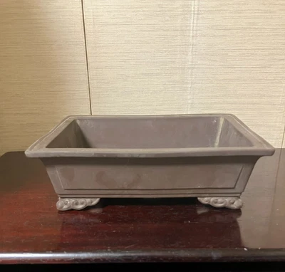 Japanese Bonsai Pot Rectangular Unglazed Clay Signed Cloud Feet Vintage - Image 1 of 4